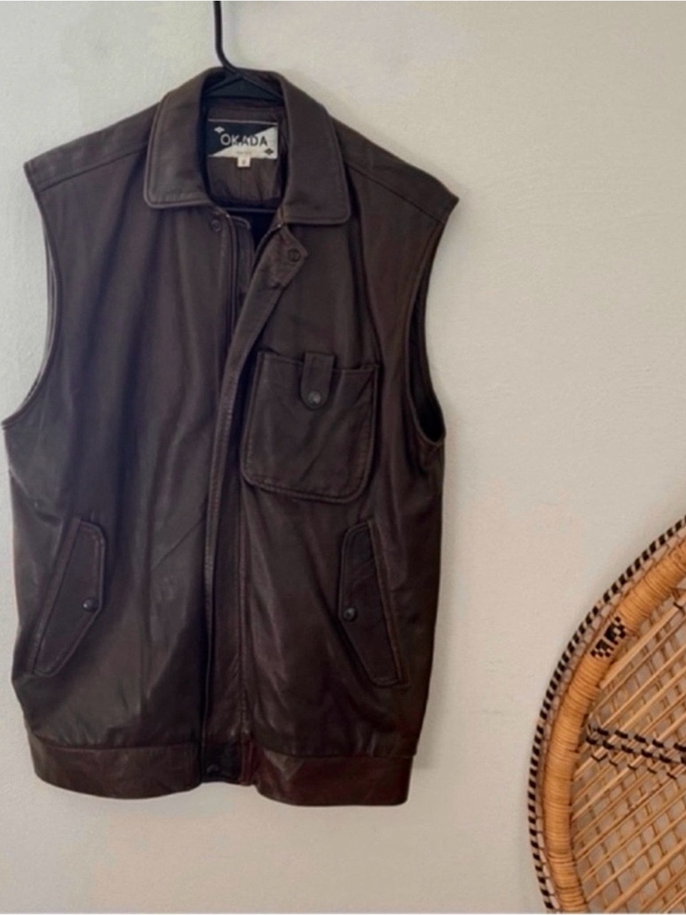 Vintage okada dark brown leather long full zip vest 
size 6